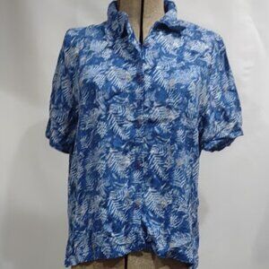 BILL BLASS JEANS Y2K BLUE WHITE LEAF PRINT SHORT SLEEVE HAWAIIAN RAYON SHIRT XL